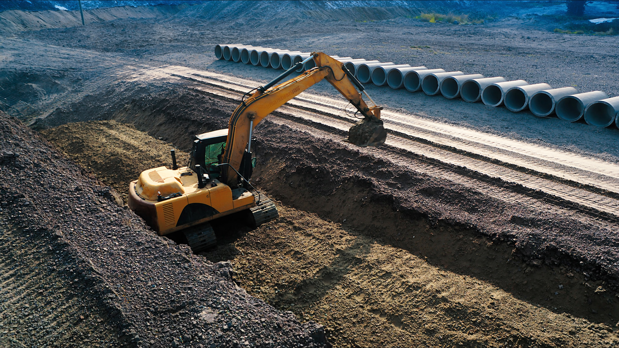 Kanalbau mit Betonrohren auf einer Baustelle